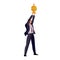Businessman holds on his arms outstretched a golden victory cup over his head, glee, success, isolated object on a white