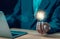 businessman holds a light bulb. concept of the idea of creative new, leadership genius is visionary, solutions in business,