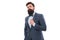 Businessman or host fashionable outfit isolated white. Classy style. Man bearded hipster wear classic suit outfit