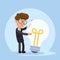 Businessman hugs a big lightbulb. Big good idea. Concept. Flat vector illustration isolated on background.