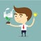 Businessman with idea bulb and holding soil and plant for good e