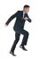 Businessman imitating stepping up on stairs against white background. Career ladder concept