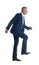 Businessman imitating stepping up on stairs against white background. Career ladder concept