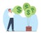 Businessman inflates balloons with money symbol in air. Rich man earn profit. Reduced buying power. Investment and