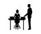 Businessman instructs the secretary sitting at a table.