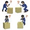 A businessman investigating suspicious boxes. A set of 4 illustrations.