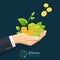 Businessman investment concept. Hand giving money, coins with sprout.