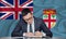 A businessman in a jacket and glasses sits at a table signs a contract against the background of a flag Fiji