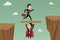 Businessman jump through the gap supported by super businessman.