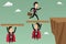 Businessman jump through the gap supported by super businessman.