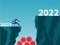 Businessman is jumping high across two cliffs to change year. Change year 2021 to 2022 after Covid 19, vector illustration