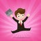 Businessman jumping with joy on sunburst pink background