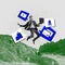 Businessman jumping with laptop over mountains with cows, using social medias, shopping online. Contemporary art collage