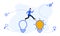 Businessman jumping on light bulbs yellow doodle stick figure design. brainstorming businessman turning lights on. Stock flat vect