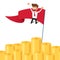 Businessman jumping on money pile and red flag. Investment and saving concept. Increasing capital and profits. Wealth and savings