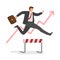 Businessman jumping over hurdles in race for the success. Concept of business challenge, successful overcoming. Vector