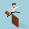 Businessman jumping over obstacle.