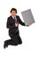 Businessman jumping with poster