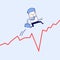 Businessman jumps over the gap in growth chart. Cartoon character thin line style vector.