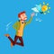Businessman Jumps And Tries To Catch Idea Vector, Yellow Light Bulb Flying On Wings. Illustration