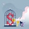 Businessman with key to unlock dollar sign in a bird cage-Business concept