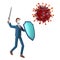 Businessman with knight shield and sword fighting Coronavirus bacteria. 3D illustration of man with mask protecting from Covid-19