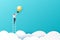 Businessman on a ladder reaching light bulb above cloud on blue sky background.Business concept.Paper art vector illustration