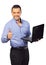 Businessman with laptop computer showing thumbs up. Isolated