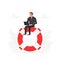 Businessman with laptop sits on a big lifebuoy. Insurance companies illustration.