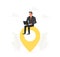 Businessman with a laptop sitting on a big map pointer. Navigation, delivery, office location concept.