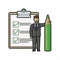 Businessman with large green pencil and filled checklist vector illustration