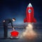 Businessman launches rocket pushing a red button. 3D Rendering