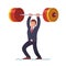 Businessman lifting big heavy barbell up over head