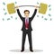 Businessman lifts up heavy barbell with dollar sign. Vector illustration for business financial strength concept.