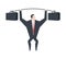 Businessman lifts weights Heavy suitcase. Boss is weightlifter.