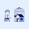 Businessman with locked house inside the cage, home foreclosure. Cartoon character thin line style vector.