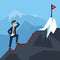 Businessman looking mountain peak financial profit illustration. Man in suit climbing successful strategic line to
