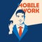 Businessman looking at smartphone. Mobile work concept. Social media poster