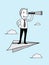 Businessman looking telescope on rocket paper over cloud in the sky. leader vision concept. isolated illustration outline h