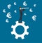 Businessman looks through a telescope standing on gear icon and money symbol icon background