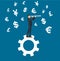 Businessman looks through a telescope standing on gear icon and money symbol icon background