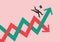 Businessman losing his balance on stock market fluctuation arrow