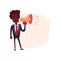 Businessman with loudspeaker. Human speaks in the megaphone. Person stands on one place. Vector.