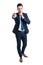 Businessman making keep a secret gesture standing on white backg