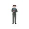 Businessman man, boy is talking on a mobile phone and is looking at a wristwatch. Vector