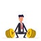 Businessman or manager can not lift a heavy barbell with money. Great difficulties. Unattainable. Vector, illustration