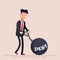Businessman or manager chained to a weight with an inscription debt. Concept of bankruptcy. Vector illustration in a