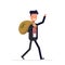 Businessman or manager comes with a bag of money. Happy man in business suit got salary, winnings. Vector, illustration