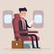 Businessman or manager flies in an airplane. Passenger man character sitting in chair and relax in business class