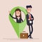 Businessman or manager, man and woman with map pointer. Business location. Flat vector illustration.